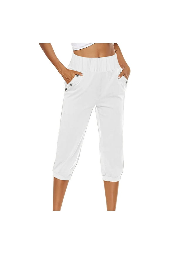 Cotton Linen Capri Pants Women Roomy Comfy Pockets Elastic Waist Pants Solid Color Lounge Breathable Cinch Bottom Sweatpants