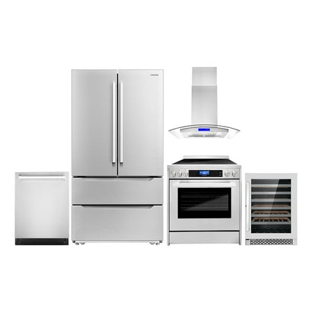 Cosmo 5 Piece Kitchen Appliance Package with 30  Freestanding Electric Range 30  Island Range Hood 24  Built-in Fully Integrated Dishwasher French Door Refrigerator &amp; 48 Bottle Wine Refrigerator