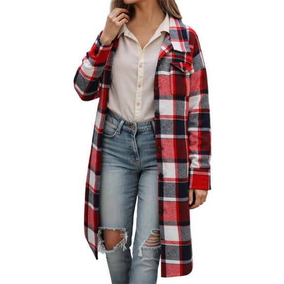 Light Jackets for Women Long Flannel Shirts Fashion Plaid Print Single Breasted Lapel Shacket Lightweight Cothes