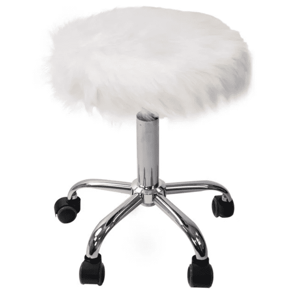 Impressions Vanity Momo Faux Fur Vanity Stool with Adjustable Height, Soft and Cozy Round Designed Seat with Wheels (White)