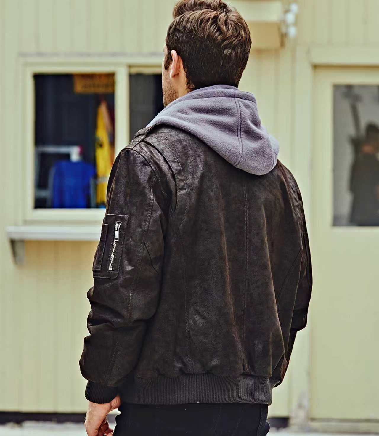 FLAVOR Men's Leather Flight Bomber Jacket Air Force Aviator (3X-Large, Dark Brown Hood)