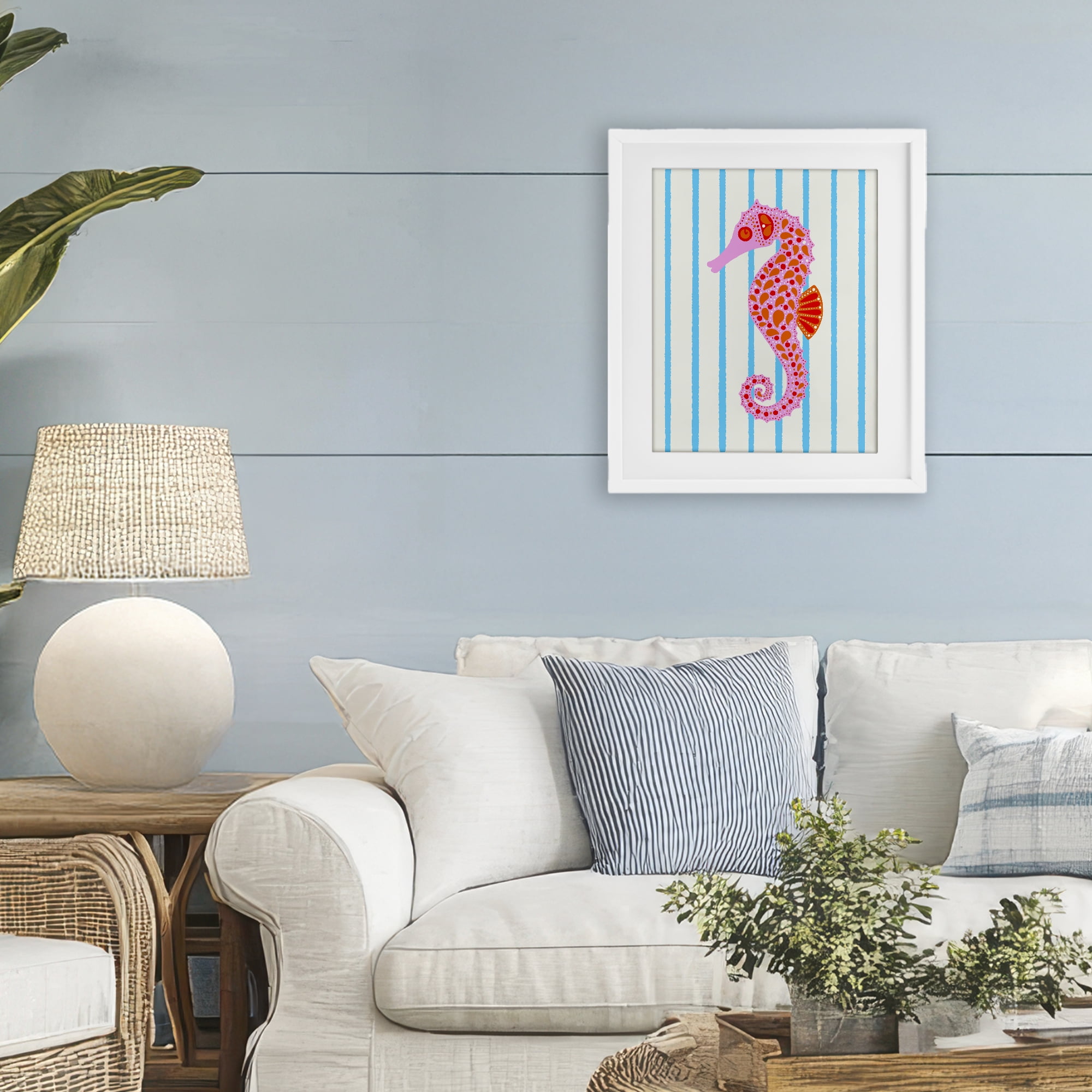 Stupell Industries Boho Seahorse on Stripes White Framed Print Under Glass, design by Indira Prieto | IndySign