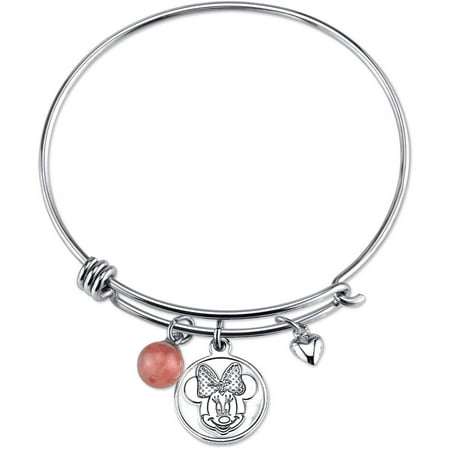 Disney Women's Stainless Steel Love and Kisses with Heart and 8mm Cherry Quartz Bead Bangle Bracelet
