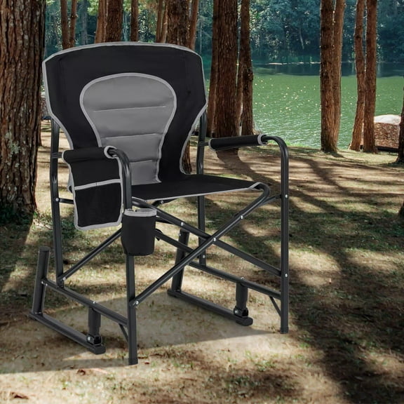 Auranook Outdoor Rocker Camping Chair for Adults, Portable Foldable Rocking Chair w/ Dual Springs, Padded Back, Armrests, Cup Holder, Storage Pocket