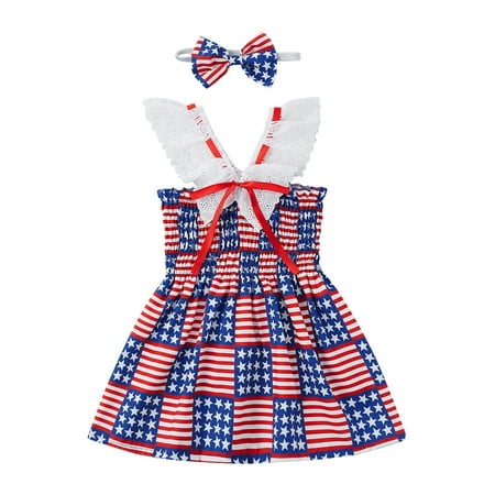 

Sunisery Little Girls Independence Day Dress Flounce Suspender Dress Printed Tie-up A-line Dress Summer Clothes Red Blue Plaid 2-3 Years