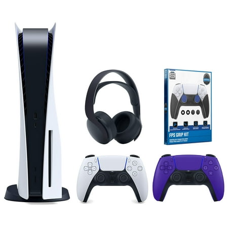 Sony Playstation 5 Disc Version Console with Extra Purple Controller, Black PULSE 3D Headset and Surge FPS Grip Kit With Precision Aiming Rings Bundle