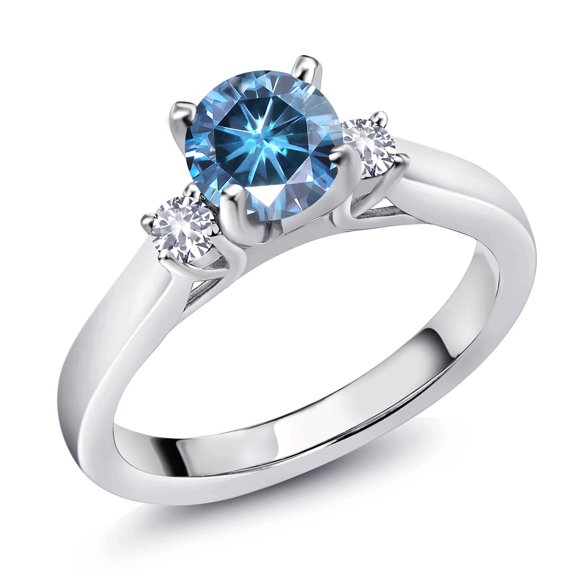 Gem Stone King 0.90 Cttw Persian Blue Moissanite and White Created Sapphire 3-Stone Engagement Ring for Women | 925 Sterling Silver | Round 6MM | Three Stone Wedding Anniversary Promise Ring | Size 8