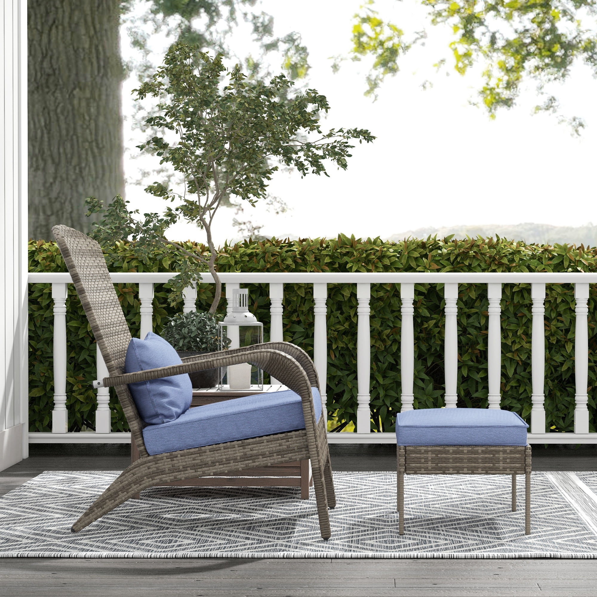 Comfortable,Soft Upholstered Cushions and Footstools,Patio Wicker Adirondack Chair with Ottoman,Outdoor Fire Pit Chair with Cushions, High-Back,Large Seat & Armrests for Deck,Garden & Backyard,Gray