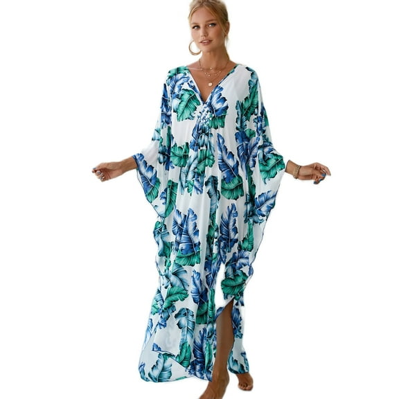EDOLYNSA Plus Size Kaftan Dresses for Women Print Swimwear Cover up Beach Caftan Robe Maxi Loungewear