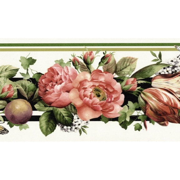 TRIMZ Wallpaper Border, Red Cabbage Roses with Fruit and Butterflies on White Background, Removable Kitchen and Home Wall Decor, 15 ft x 4.25 in