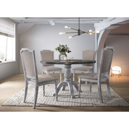 Round Wood Dining Set in Weathered White | Fits Dining Room Decor | Sturdy Rubberwood Legs | Comfortable Seat Cushions