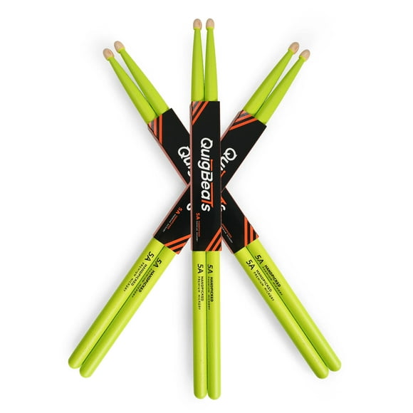 QuigBeats Drum Sticks, Hickory 5A Drumsticks, Drumsticks for Adults & Kids 5A 3 Pairs - Green