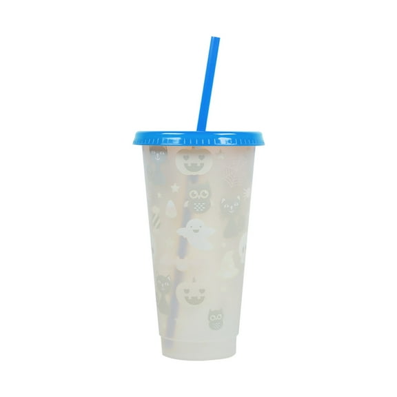 Halloween Black Cat Color Changing Cups 24oz Reusable Plastic Tumblers with Lids,Durable Reusable Cups for Beverages, Black Cat Halloween Party Cups, Reusable Drink Tumblers Drinkware(Blue)