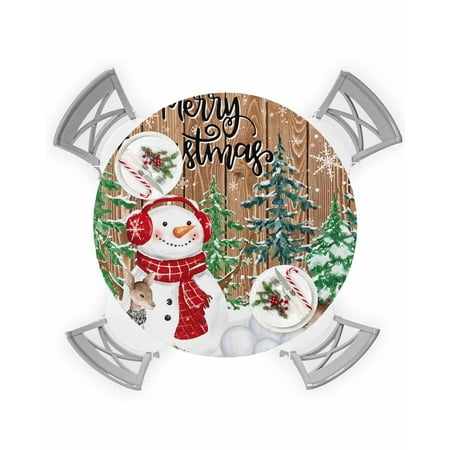 

Round Tablecloth with Elastic Christmas Xmas Tree Red Snowman Snowflake Elks Brown Wood Grain Waterproof Table Cover Wipeable Fitted Table Cloths for 36 -44 Round Tables Dining Kitchen