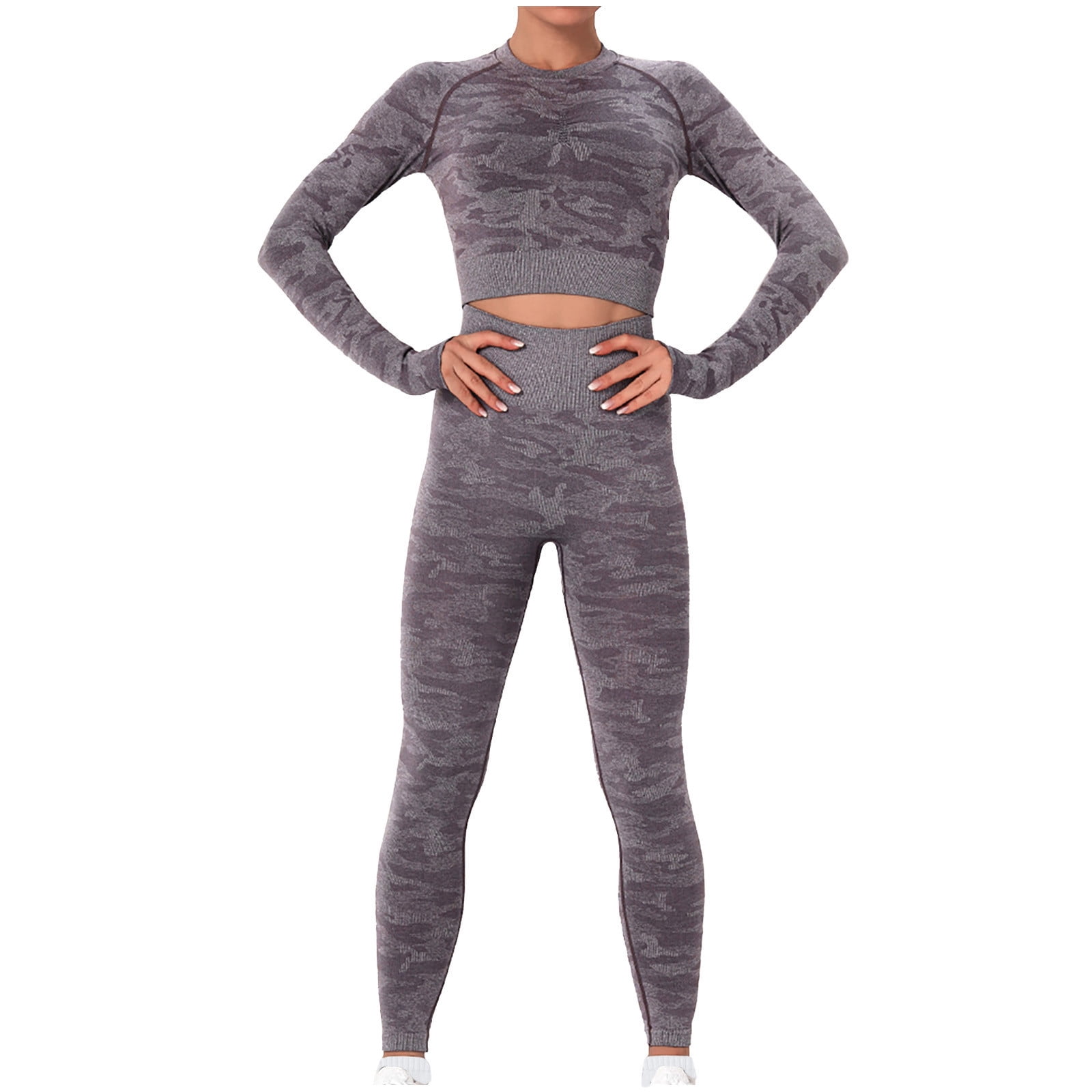 Workout Outfits for Women Seamless Camouflage High Waist Sexy Butt Lifting  Leggings Long Sleeve Crop Tops Yoga Gym Sets Womens Clothes - Walmart.com