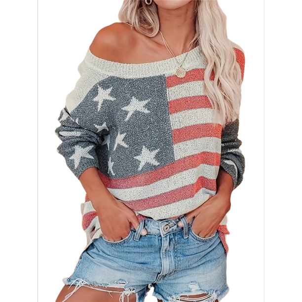 Suéter con Bandera Estadounidense para Mujer, Sudadera de Punto, Larga, Holgado, para Invierno y Otoño, Color XL