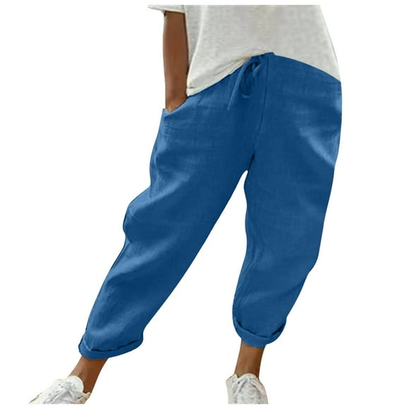 Pantalon Décontracté Femme Fashion Print Wide Leg Pants with Pocket Elastic Waist Loose Ankle Length Trousers Women Linen Pants Blue XXL