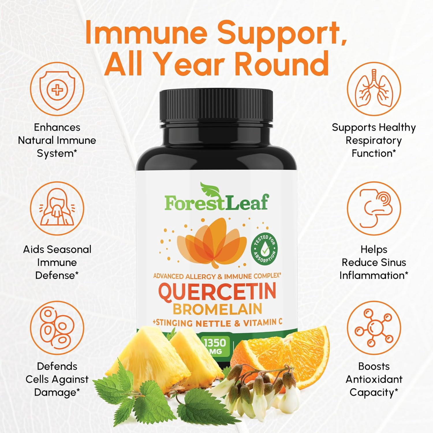 Forest Leaf Quercetin with Bromelain Sinus Relief & Immune Support Supplement, 90 Capsules
