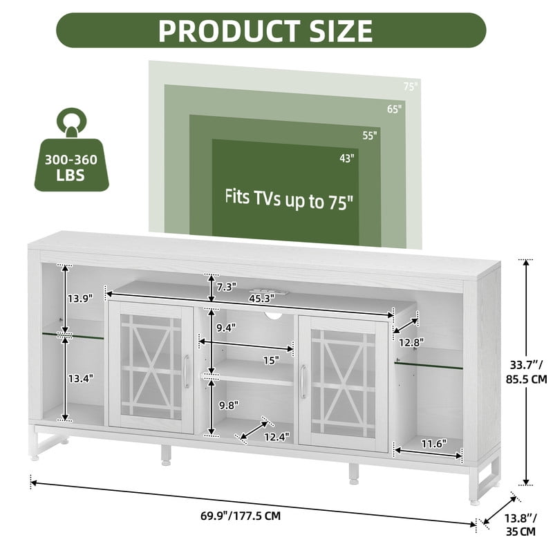 Uforic Rustic TV Stand for 70 Inch TV, LED Entertainment Center with Power Outlets, White