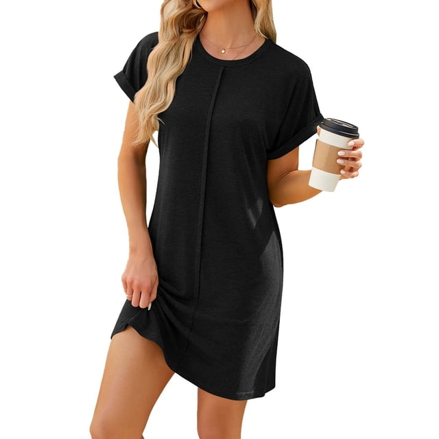Robe T-Shirt d'Été pour Femmes, Décontractée, Manches Cap, Col Rond, Coupe Ample, Mini, Noire, G