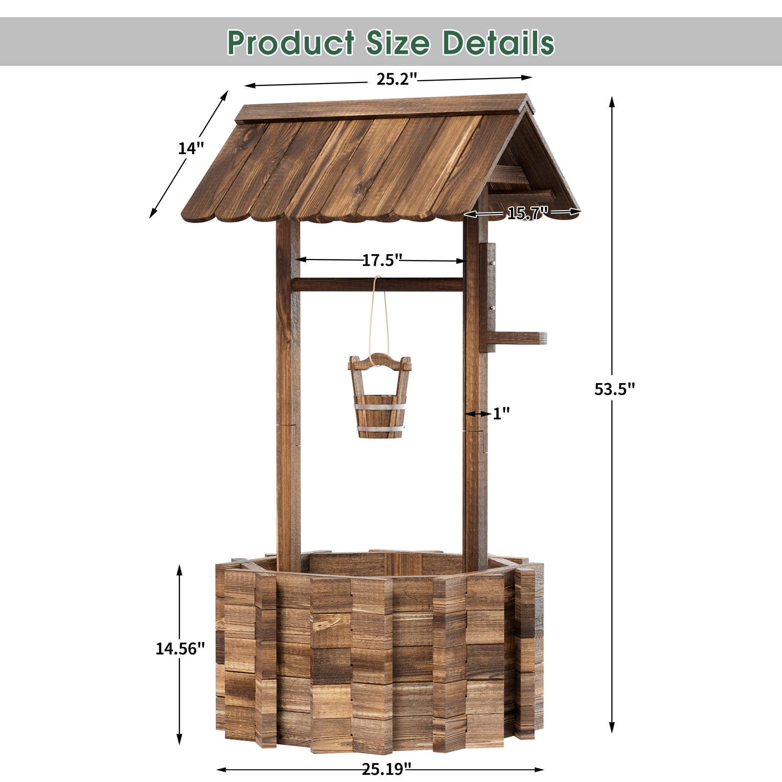 Bapipro Big Wishing Well Planter with Hanging Bucket for Flower and Plants, Wooden, Brown