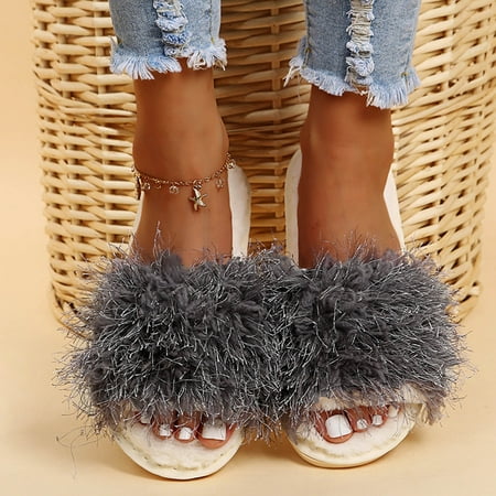 

Tangnade Slippers for Women on Sale Slip-On Furry Plush Flat Home Winter Open Toe Keep Warm Slippers Shoes