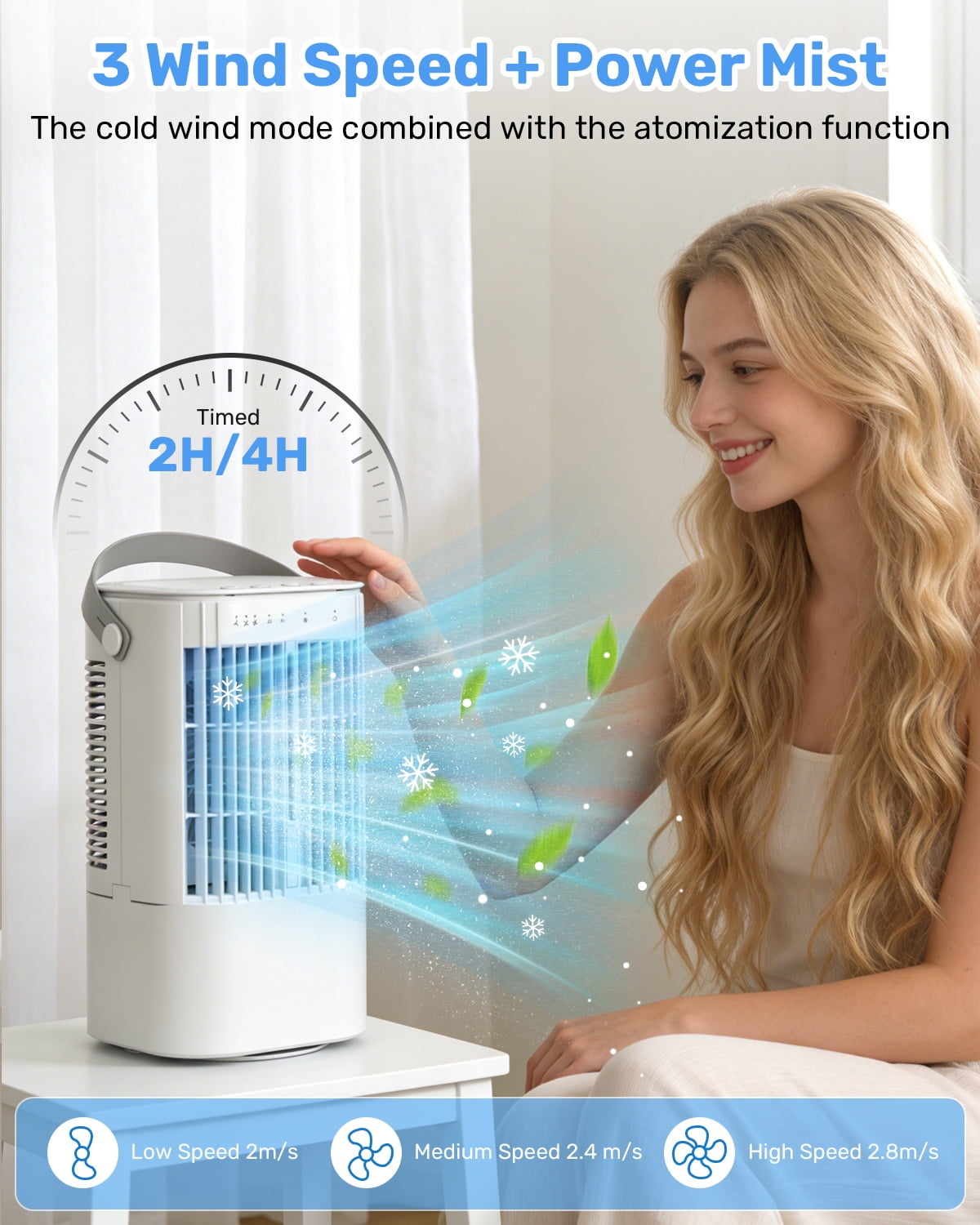 Teanyotink Portable Air Conditioners, Evaporative Air Cooler Upgraded   Cool Mist 3 in 1, 2/4/6/8H Timer,7 Color Lights Misting Humidifier Personal Mini AC Desktop Fan for Room Home Bedroom Office