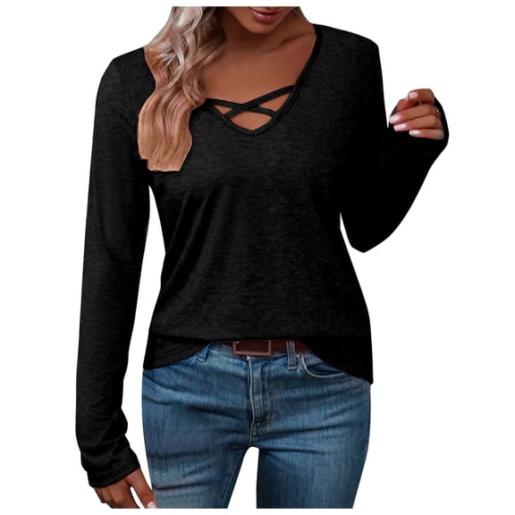 Womens Long Sleeve Shirts V Neck Criss Cross Solid Color Blouses Loose Casual Fall Lightweight Tunic Tops