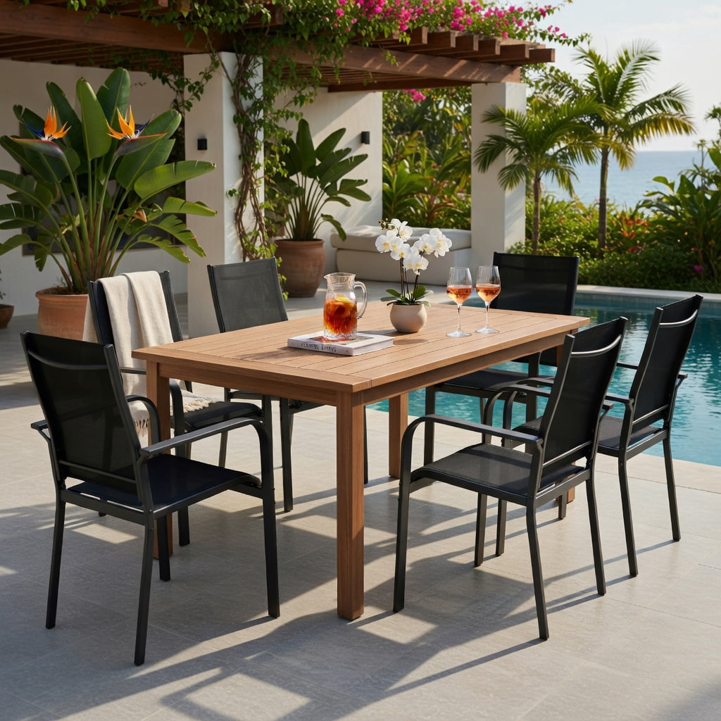 Hommoo Stackable Outdoor Dining Chairs Set of 6, Heavy-Duty Metal Frame Patio Chairs with Breathable Mesh Back, Ergonomic Armrests, Black