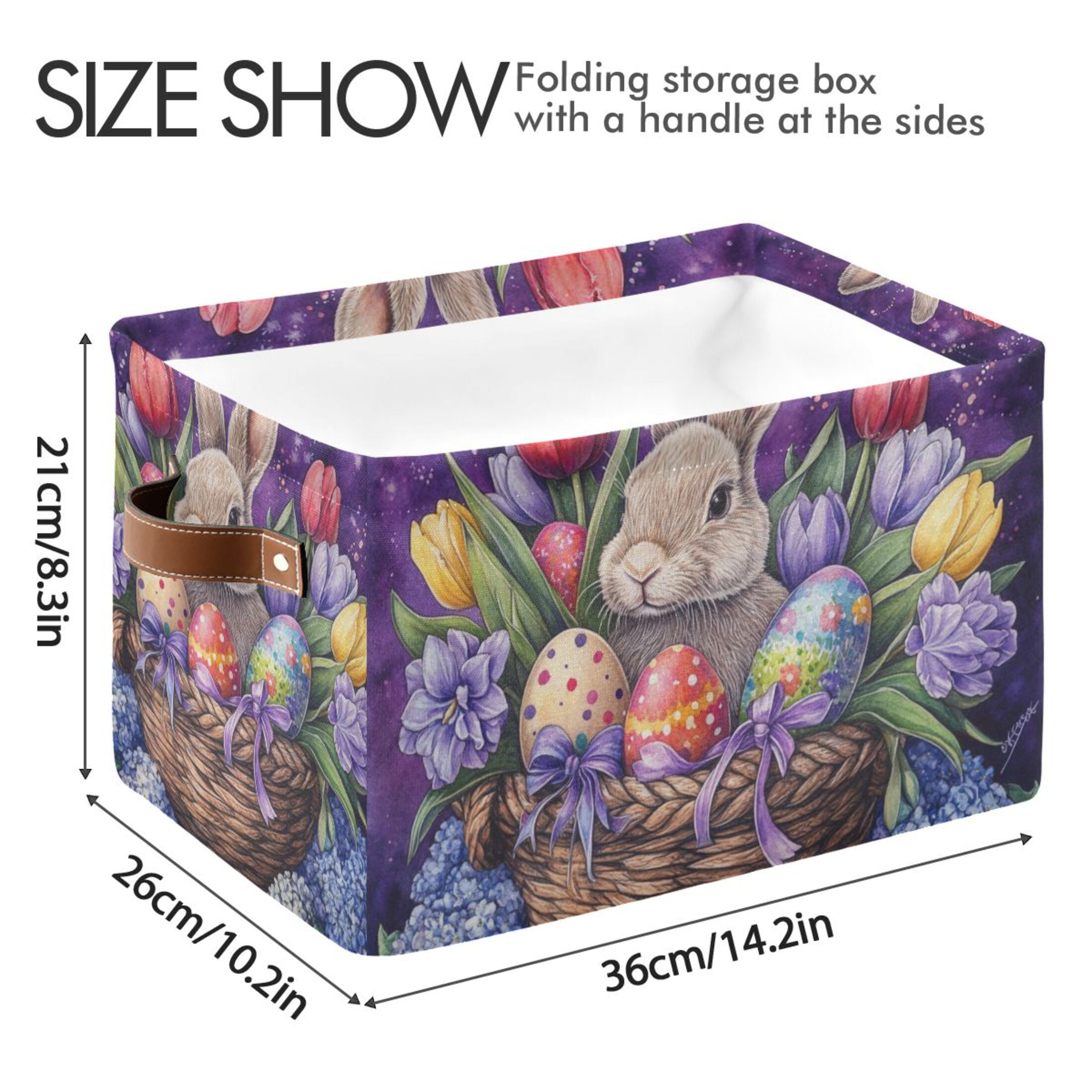 WOBOGO Easter Rabbit Purple Pattern Square Storage Basket with Waterproof Canvas and PE Lining Durable PU Leather Handles 14.2×10.2×8.3in
