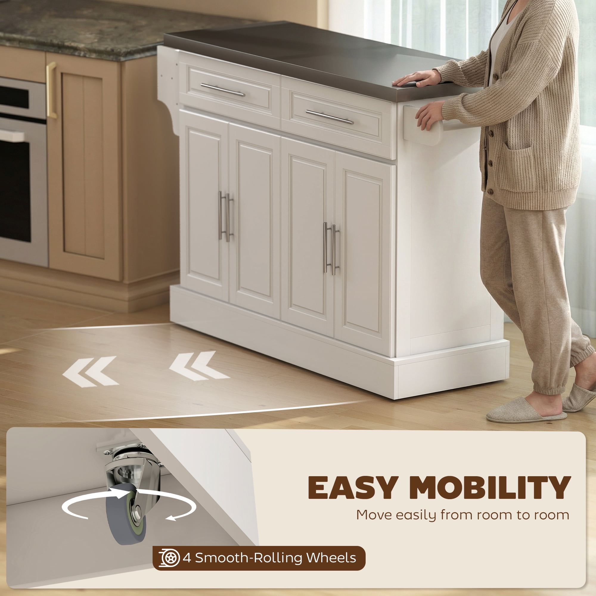 HOMCOM Rolling Kitchen Island Cart with Cabinets and Drawers, White