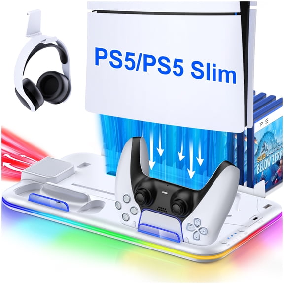 PS5 Stand with Cooling Station for PS5 Slim,QQV Dual Controller Charger for PS5 Digital & PS5 Disc Version,PS5 Accessories with RGB Light & Headset Holder
