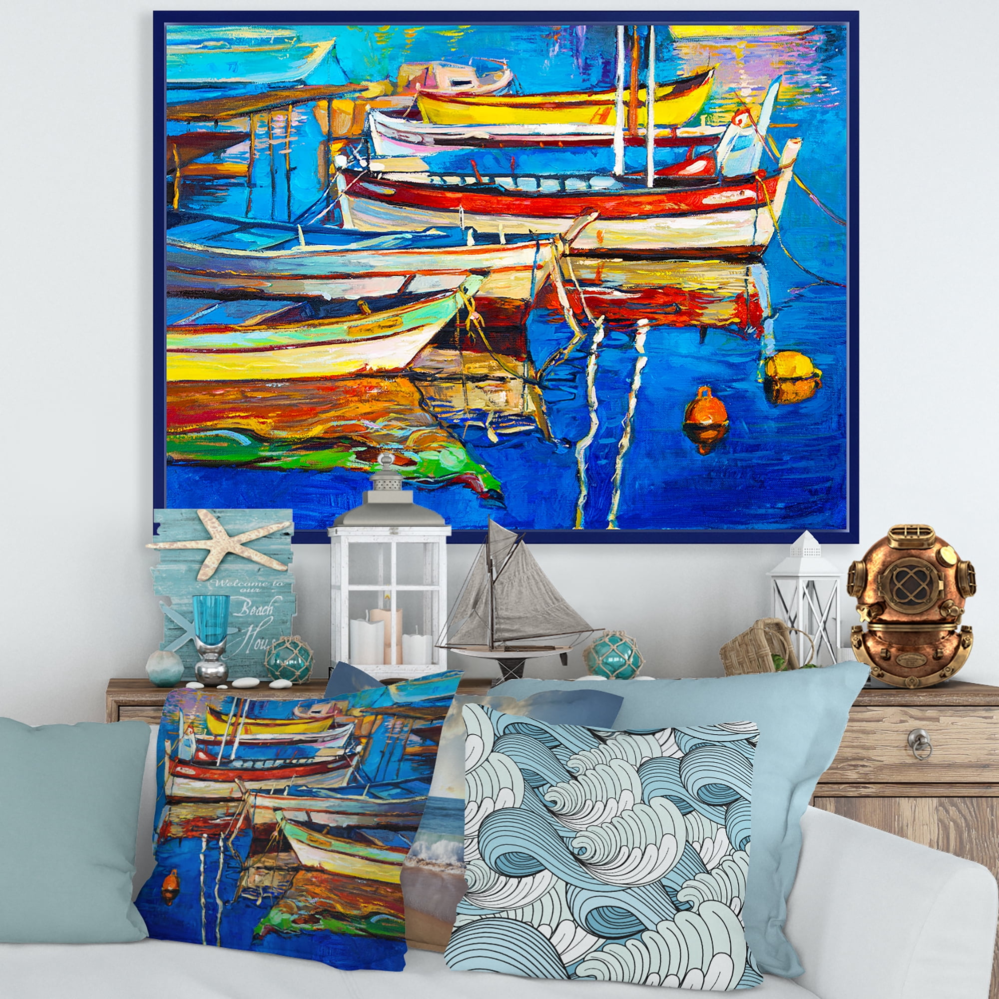 Designart 'Boats Near Coastal Town Resting On The Water II' Nautical & Coastal Framed Canvas Wall Art Print
