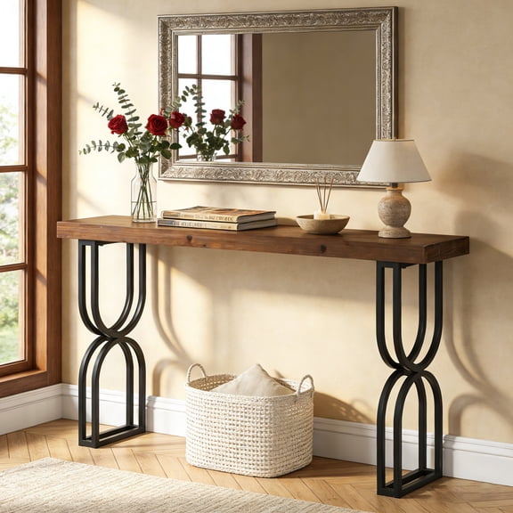 TRIBEWOOD 59" Solid Wood Console Table With Sturdy Metal Frame