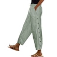 thumbnail image 2 of Women's Casual Pants Women'S Cotton And Linen Striped Elastic Waistband High Waistband Pocket Pants Side Buttons Nine Point Pants Loose Casual Pants Straight Leg Pants,Green Women's Casual Pants XL, 2 of 5