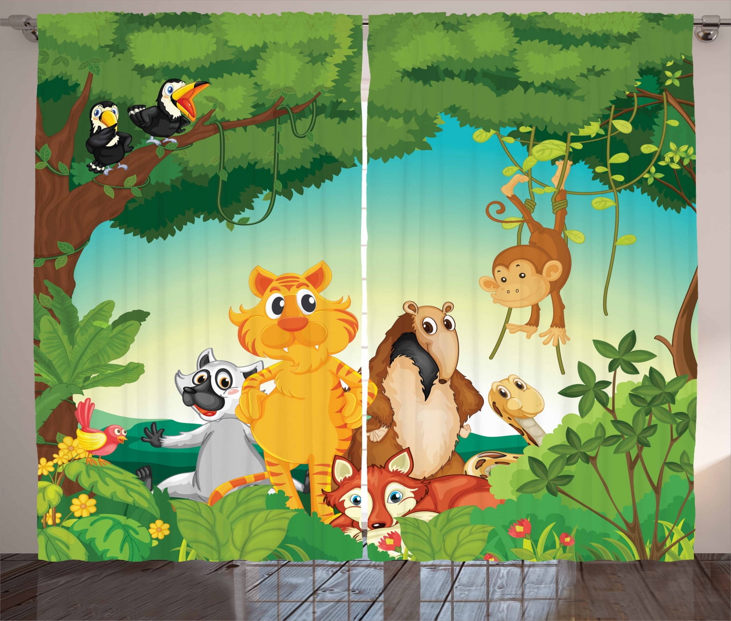 Zoo Curtains 2 Panels Set, Forest Scene with Different Animals Habitat
