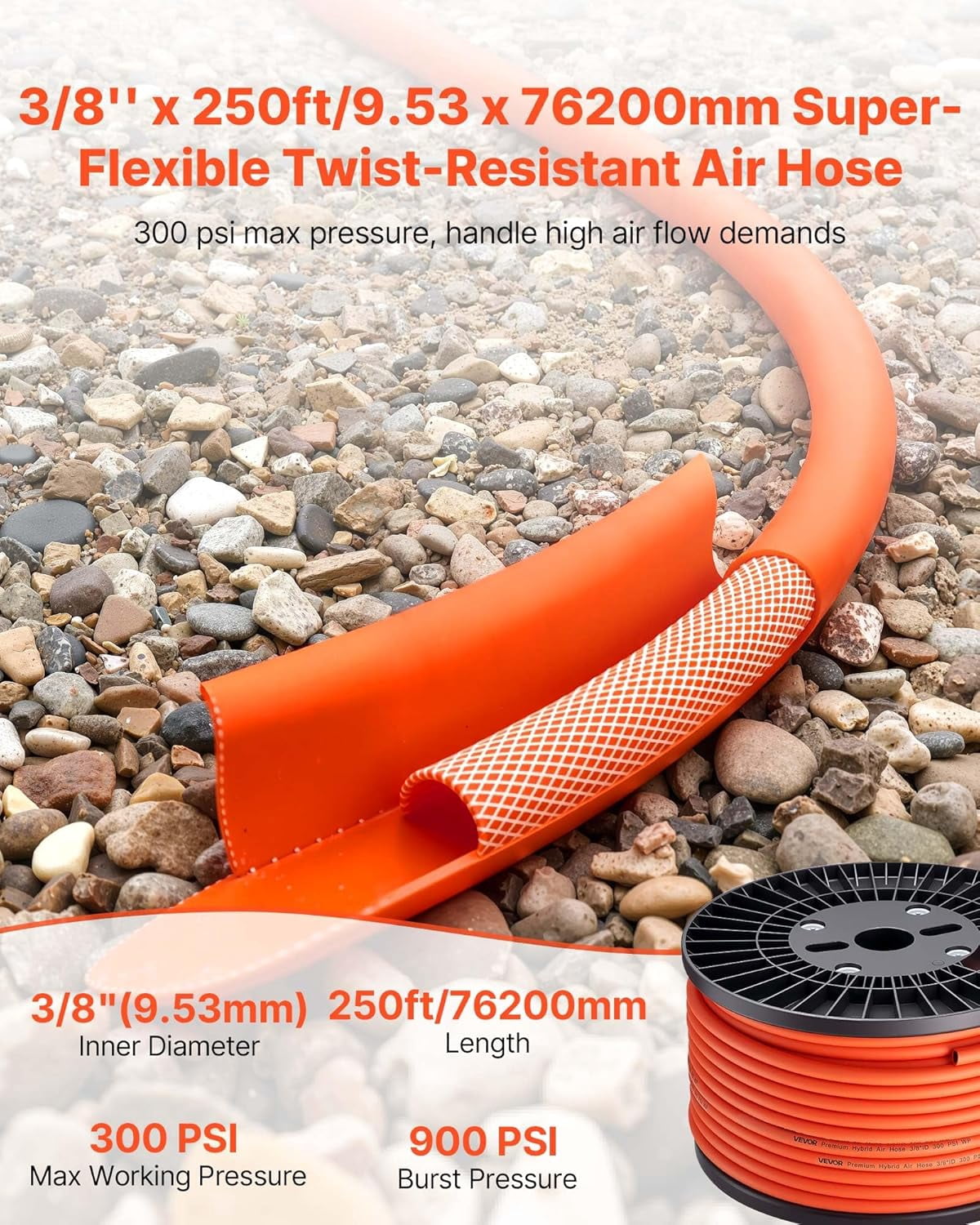 VEVOR Air Hose, 3/8'' x 250FT Hybrid Air Compressor Hose, 300 PSI Kink-Resistant Pneumatic Hoses with Three-Layer Construction for Auto & Home DIY Projetcs, All-Weather Flexibility (No Fittings)