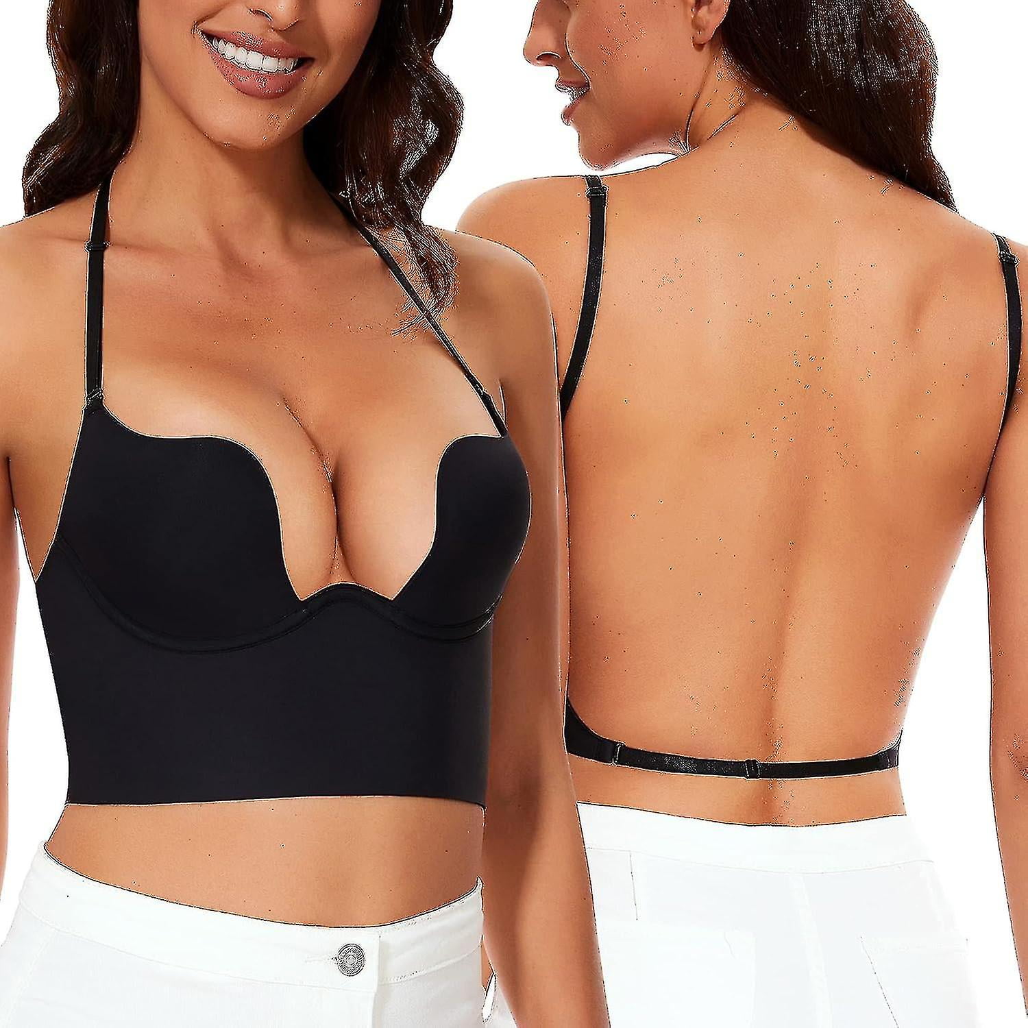 Low Back Bras For Women seamless Deep U Plunge Backless Bras Convertible Multiway Low Cut Open Back Bra Halter Bras Black 34C