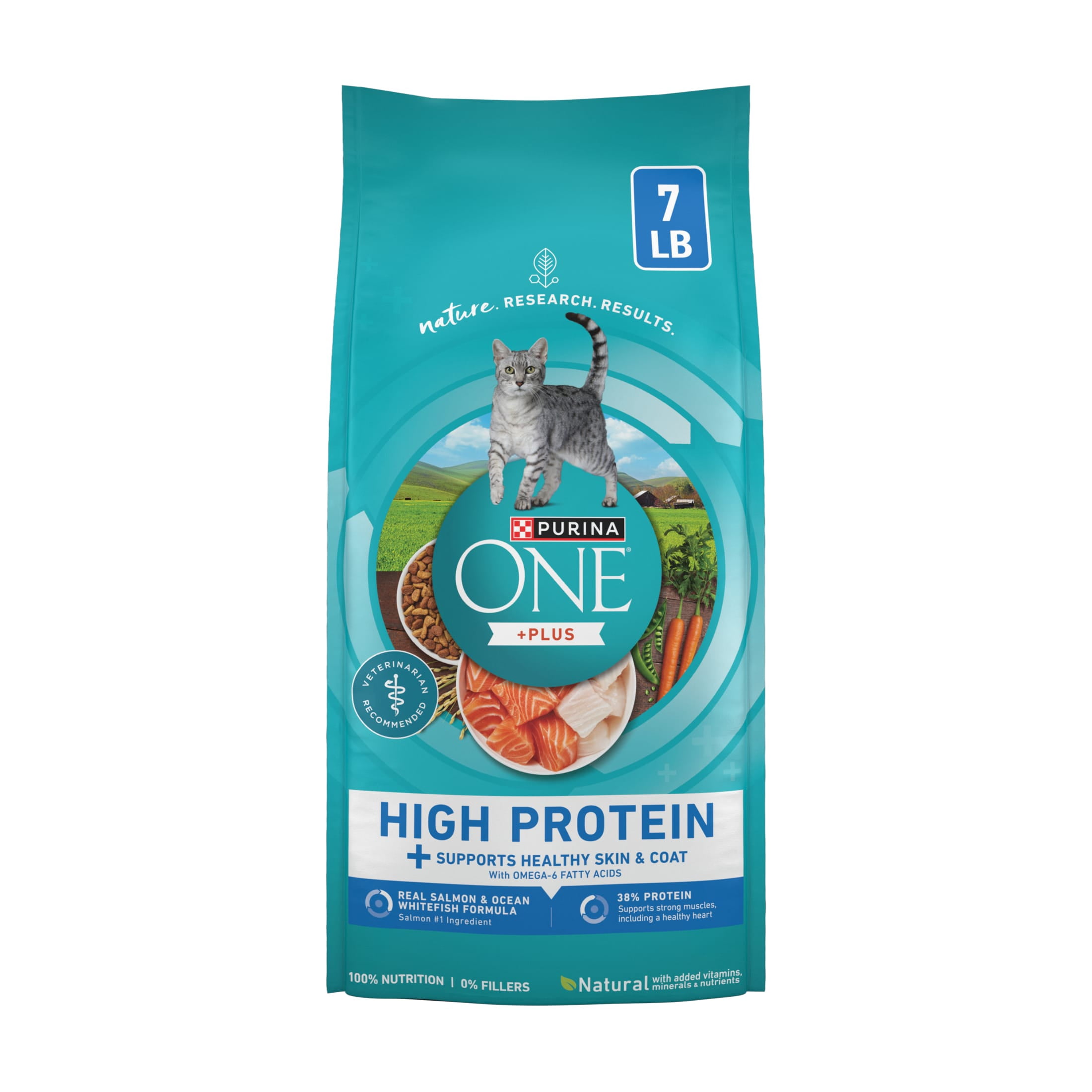 (3 pack) Purina ONE Plus Natural High Protein Dry Cat Food Salmon and Ocean Whitefish Skin and Coat Health Formula, 7 lb Bag