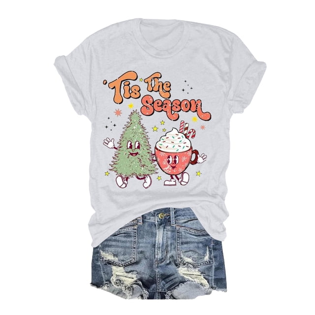 TSADFHJI Hauts Scintillants pour Femmes Noël T-Shirt Décontracté Col Rond / Manches Courtes pour Confort & Style TTG Blanc
