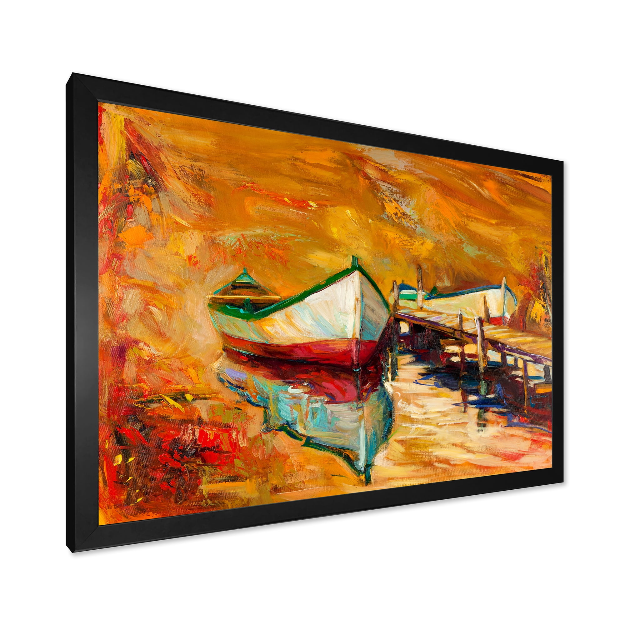 Designart 'Red and White Boats By The Pier' Nautical & Coastal Framed Art Print
