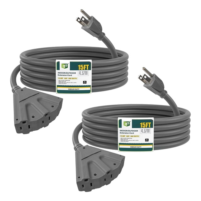 Cable de extensión para exteriores EP de 15 pies, 3 salidas 16/3 SJTW, gris