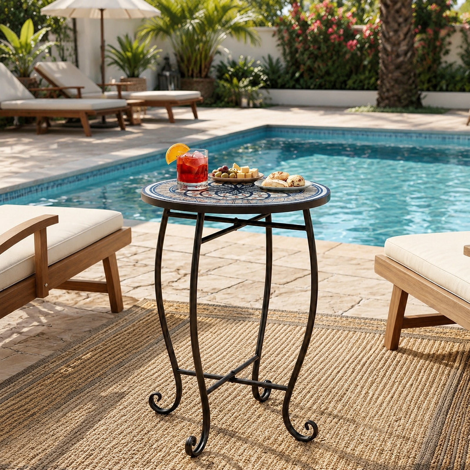 Biotree 14 Inch Mosaic Outdoor Side Table, Metal Patio Accent Plant Stand with Floral Lotus Top and Stable X-Base for Garden Porch Indoors, White