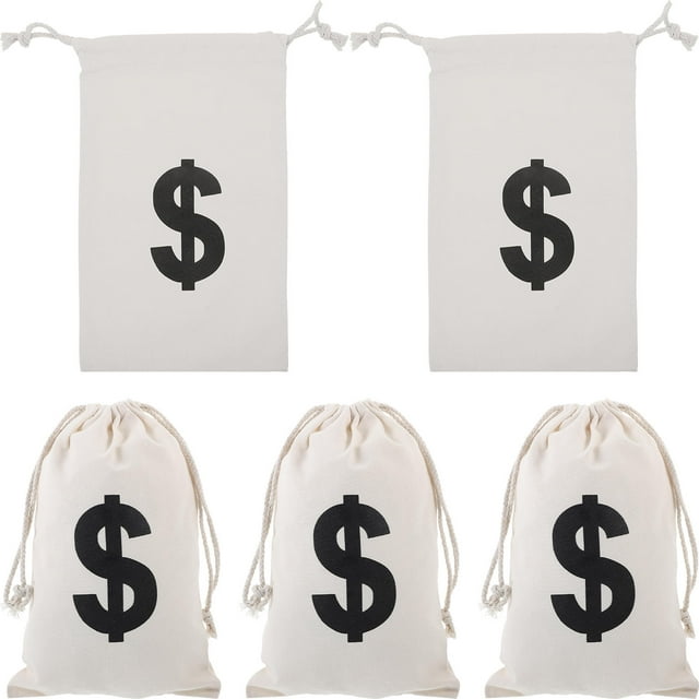 OULII 5Pcs Lightweight Canvas Drawstring Bags White for Money Theme Party Decor