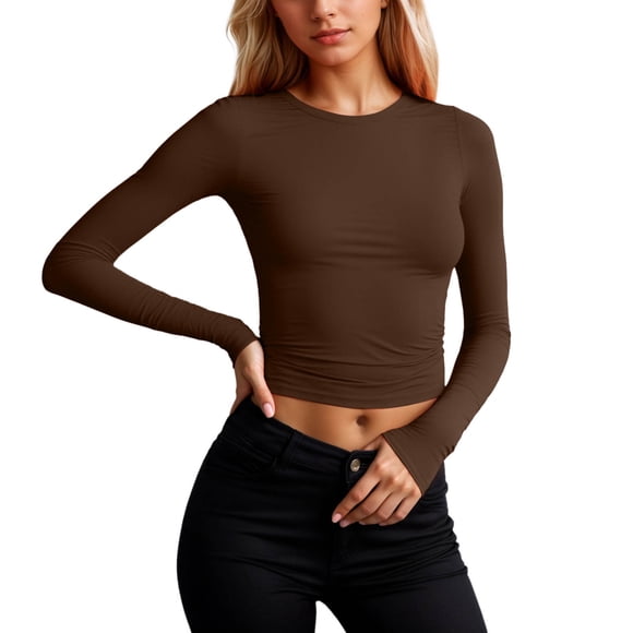 Fall Long Sleeve T Shirt Round Neck Slim Fit Basic Stretch Soft Milk Silk Blended Tee