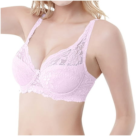 WREESH Womens Lace Bralette Soft Padded Push Up Bras Adjustable Strap Wireless Plunge Bra Comfortable Everyday Bra Underwear Pink