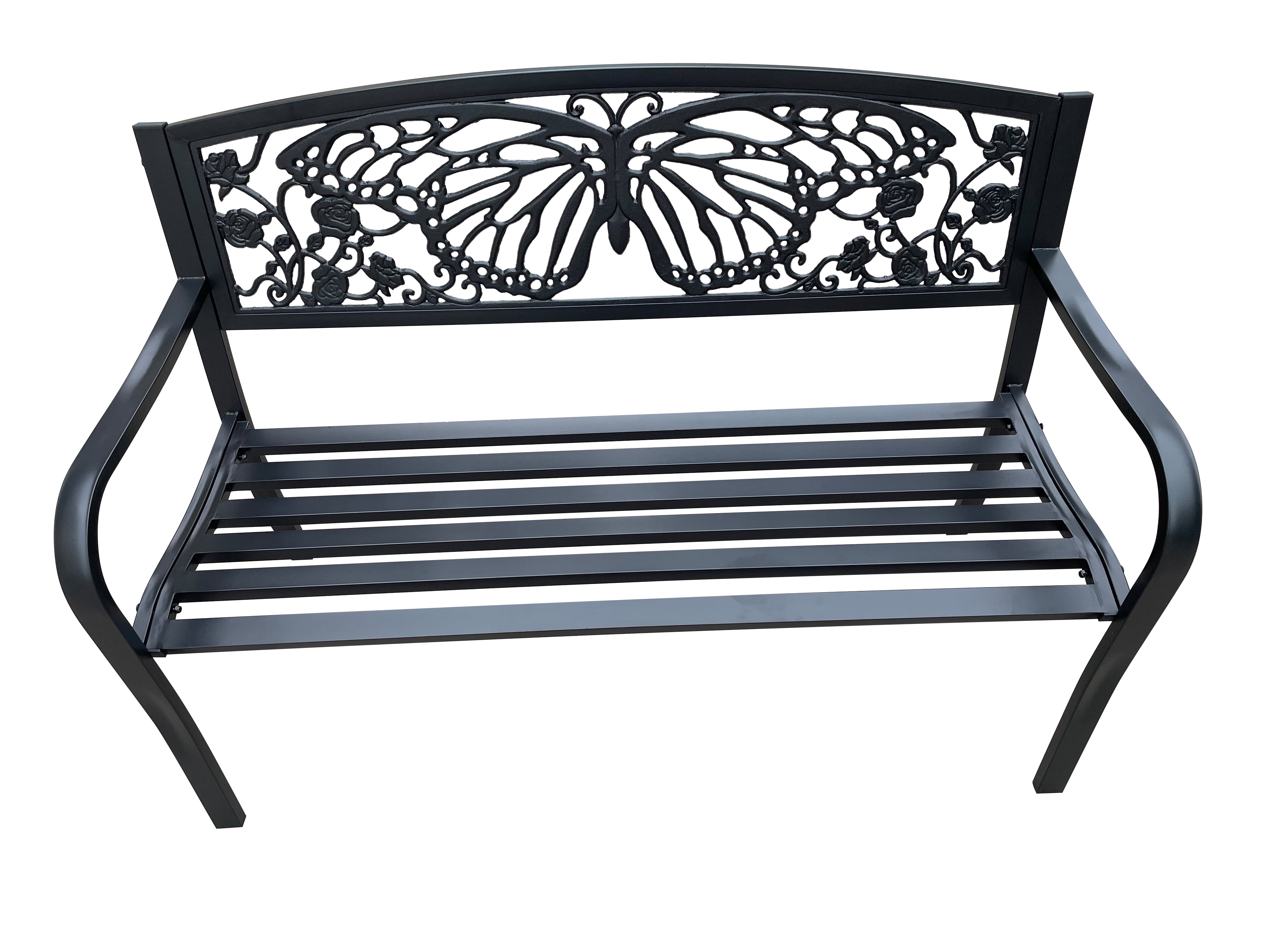 50" Outdoor Metal Garden Bench with Butterfly Backrest Design - Black