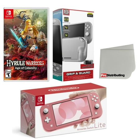 Nintendo Switch Lite Console Coral with Hyrule Warriors: Age of Calamity, Protective Case, Screen Protector and Screen Cleaning Cloth Bundle - Import with US Plug
