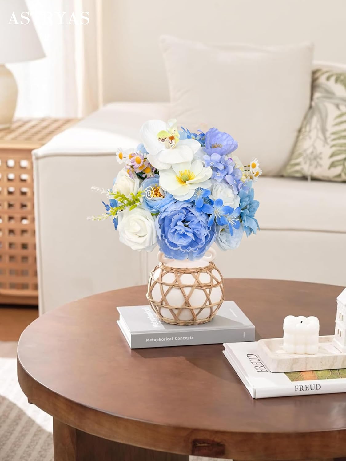 Blue Artificial Flowers Combo Box Set, Baby Blue Silk Peonies Dahlia Roses with Stems for DIY Bridal Wedding Bouquets Baby Shower Floral Arrangements Centerpiece Table Party Home Decorations