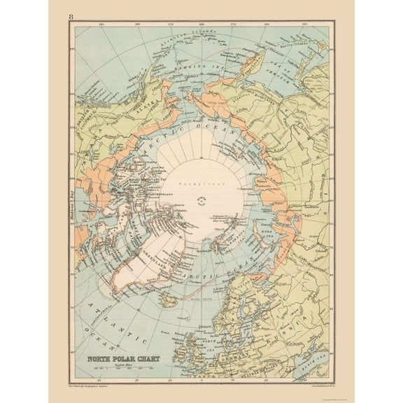 Historic Map - North Polar Chart - Bartholomew 1892 - Vintage Wall Art